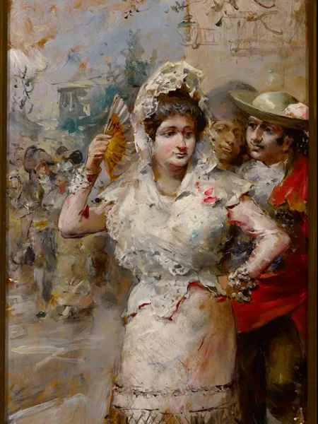 Dama con abanico y dos caballeros